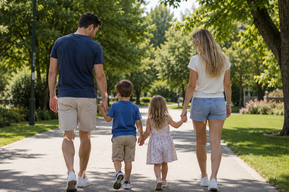 A family taking a walk in the park