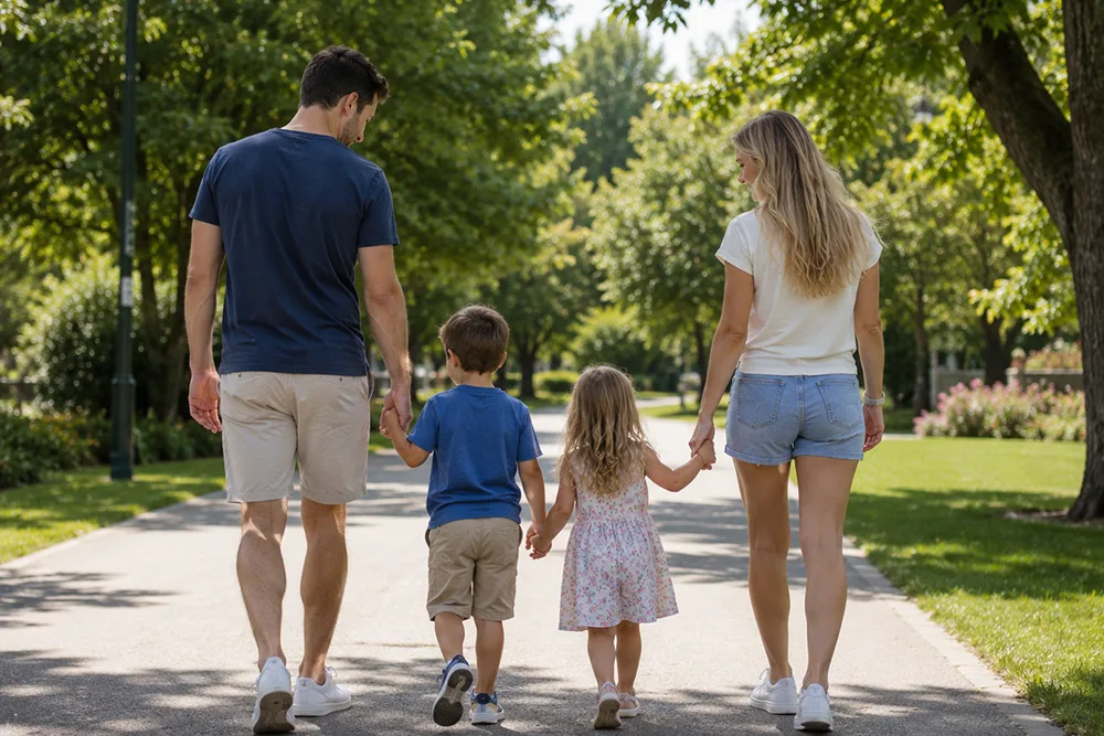 En familie som tar en tur i parken