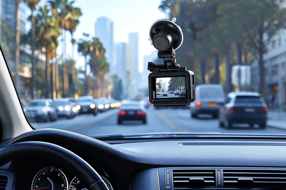 Câmera de ação fixada com segurança dentro de um carro para filmagem de viagens rodoviárias.